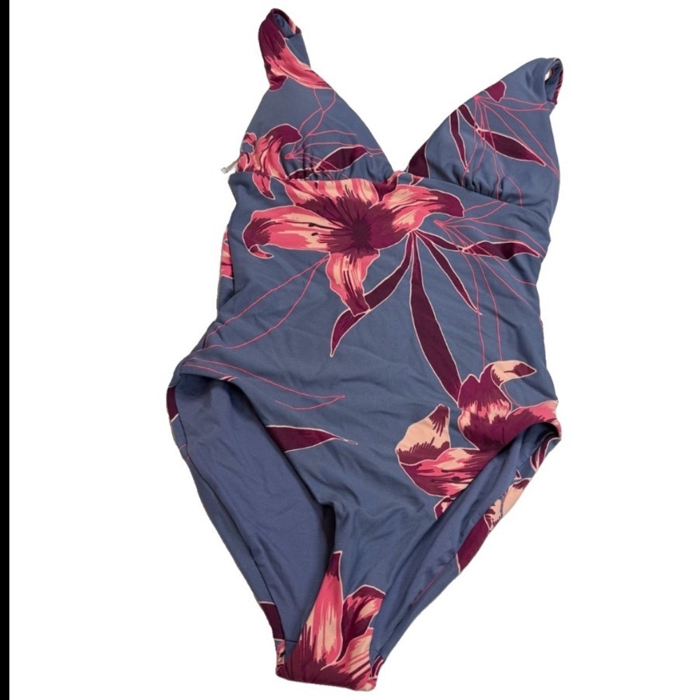 Maaji Womens One Piece Swimsuit Blue Pink Floral Lily V-Neck feminine NWT small